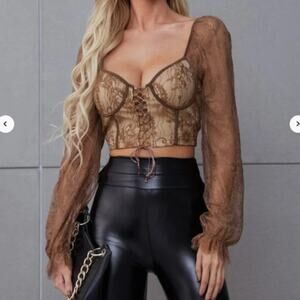 Lace Up Front Flounce Sleeve Lace Crop Top